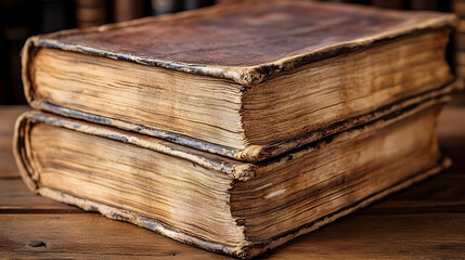 Stacked old books on wooden table