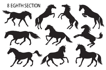 Obraz premium Set of majestic horse silhouettes capturing the spirit of equine motion. Includes running, trotting, and rearing animal figures.