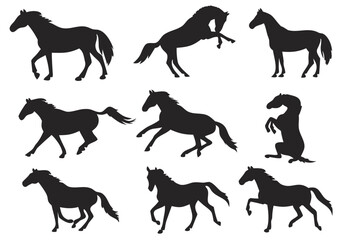 Fototapeta premium A dynamic collection of black horse silhouettes in various poses, including running, trotting, rearing, and walking.