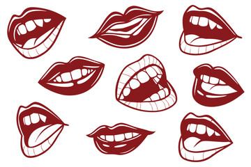 Obraz premium Stylized retro mouths collection. A vector set of illustrated female lips expressing emotions like smiling and laughing in a bold graphic pop-art design.