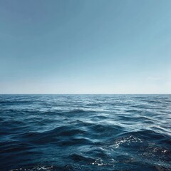 Realistic photograph of an expansive ocean with clear blue waters, a flat horizon in the distance, and no land visible, with a clear sky above. The water should have gentle ripples.