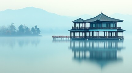 Fototapeta premium Serene Pavilion on Misty Lake