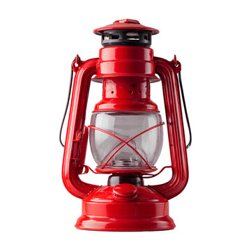 A red camping lantern with a white background