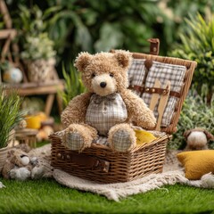 Plush Teddy Bear Surrounded by Nature with Picnic Basket and Toys