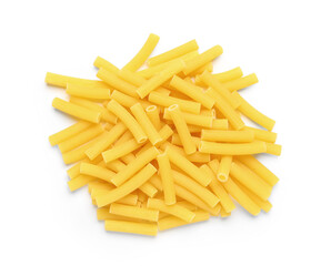 Heap of tasty raw tortiglioni pasta isolated on white background