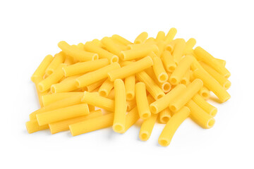 Heap of tasty raw tortiglioni pasta isolated on white background, closeup