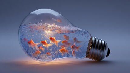 Light bulb filled with water and fish surreal fantasy soft glowing contrast artistic lighting