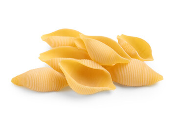 Heap of tasty raw conchiglie pasta isolated on white background, closeup
