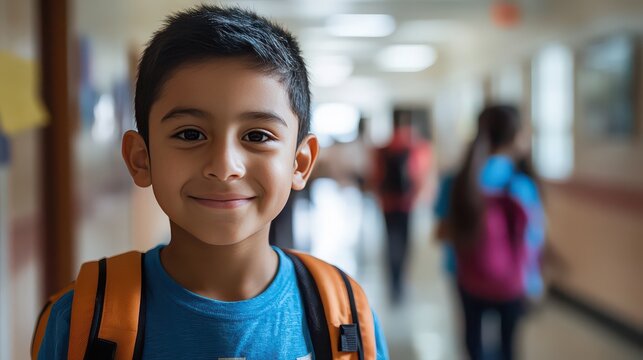 A smiling young boy with backpack in school hallway posing for the camera with blurred background view
