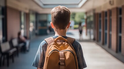 Back view of a boy with backpack walking down a school hallway with brick walls and blurred background