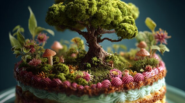 Cake with lush green tree sprouting surreal whimsical bright contrast colorful fantasy art