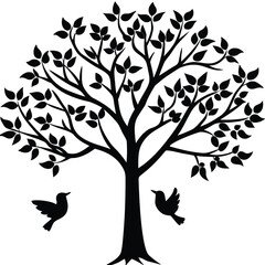 Obraz premium Silhouette of a large tree with two birds perched on its branches