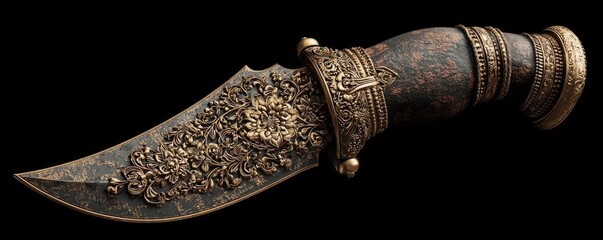 Ceremonial dagger in relic sheath concept. Intricate antique knife with ornate handle and detailed carvings.