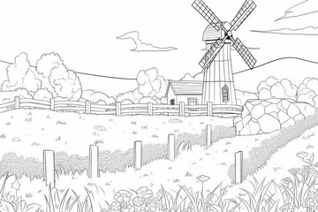 Fototapeta premium Cartoon windmill on farm landscape coloring page for kids with thick lines, simple line art, clear black and white outline, minimal details