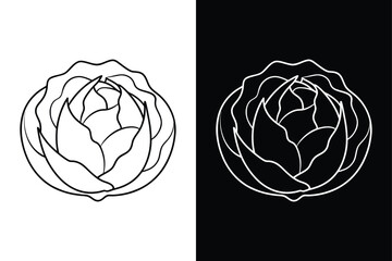 Outline Cabbage Illustration. Minimal Line Icon with Leaf Texture