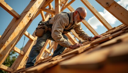 A weathered craftsman, his face etched with years under the sun, balances expertly on the exposed rafters of a dwelling's skeletal roof