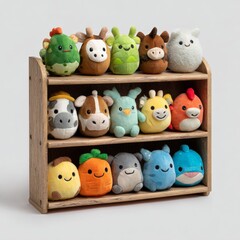 Adorable Collection of Colorful Plush Toys on Wooden Shelf