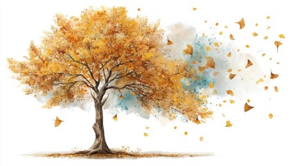 Abstract Watercolor Painting of Autumn Tree with Falling Leaves