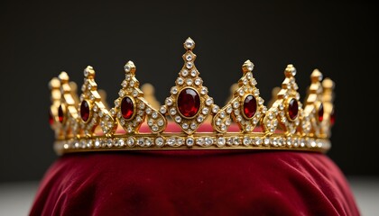 A magnificent golden circlet, encrusted with precious gems of various sizes and colors. Large, deep red stones alternate with smaller, sparkling white stones around the band