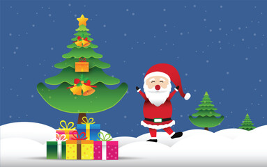 Merry christmas, Santa Claus standing in the snow, winter landscape,vector design