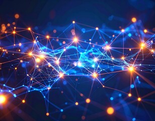 Obraz premium Abstract AI Neural Network: Glowing Nodes & Flowing Data. Intelligence, Complexity & Algorithmic Learning Process