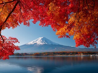 Fototapeta premium 紅葉と富士山と湖の風景