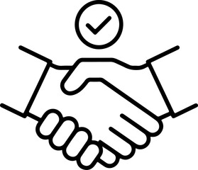 Simple outline icon of two hands shaking with a checkmark above symbolizing agreement and partnership © Emran Hossain