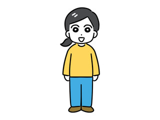 笑顔で正面を向いている私服の若い女性(全身)