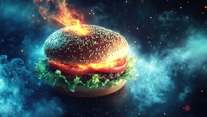 Grilled Burger on Fire with Smoke