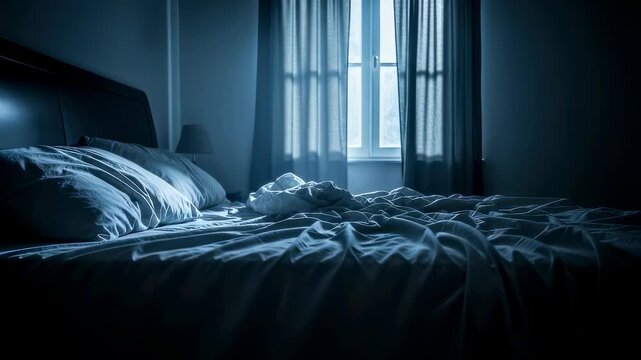 Empty unmade bed in dark bedroom with curtains and window light, creating a mysterious interior atmosphere, moody footage.