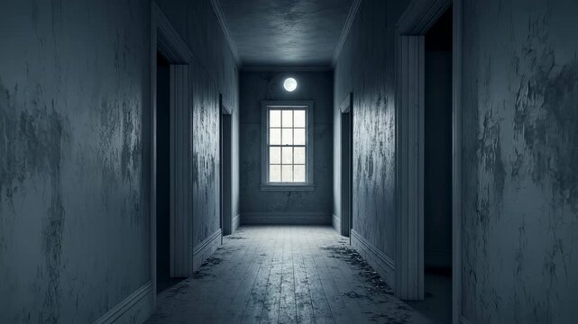 Eerie, abandoned hallway with peeling walls and grimy floor toward glowing window, horror interior footage