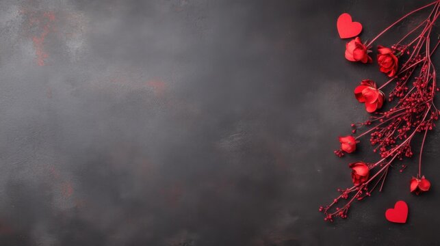 Romantic Background with Red Roses and Hearts on Dark Surface