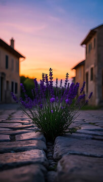 Close-up of a bunch of purple lavender growing from a crack in a stone road, with buildings in the background at sunset, wallpaper,4k