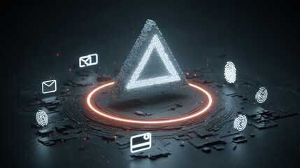 A futuristic triangular structure surrounded by glowing icons representing digital security and communication.