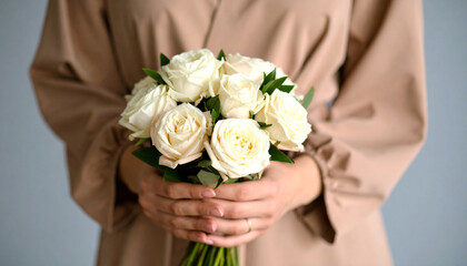 A married woman in brown clothing holding a bouquet of white roses against a gray background