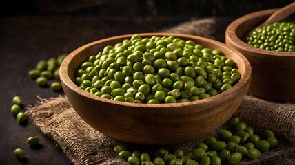 Fresh green mung beans in a rustic wooden bowl, arranged on burlap fabric with dramatic lighting, perfect for healthy food concepts