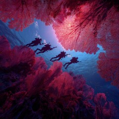 Vibrant Coral Reef Dive with Scuba Divers in Colorful Underwater Scene