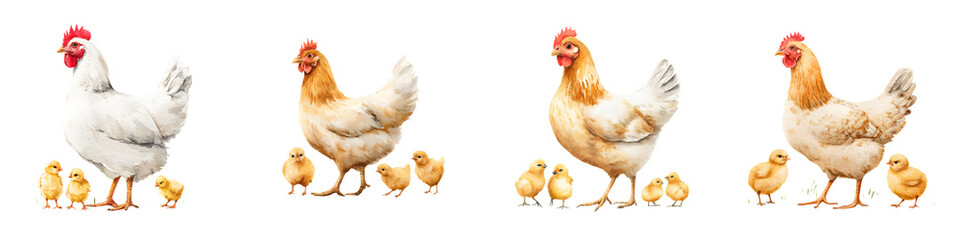 Fototapeta premium Watercolor Hen and Chicks: Farm Animal Family Illustration
