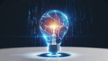 High-tech holographic lightbulb with glowing circuits and blue binary code in the background, futuristic digital innovation, energy, artificial intelligence, and next-generation technology concepts