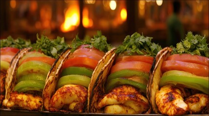 Delicious tacos with fire in the background