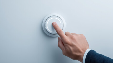 Hand is viewing modern thermostat from distance adjusting temperature with sleek circular design