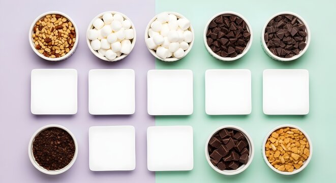 Overhead view of ice cream toppings in bowls with blank white plates for copy space