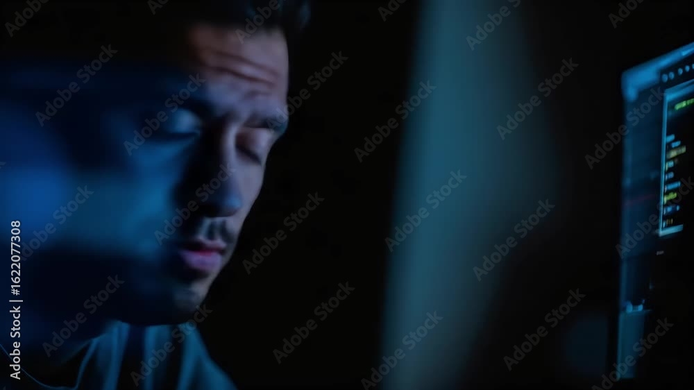 Wall mural a focused programmer works late at night, his intense face illuminated by glowing lines of code on h