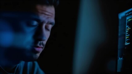 A focused programmer works late at night, his intense face illuminated by glowing lines of code on his computer screen in a dark room - Powered by Adobe