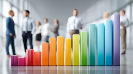 3D rainbow bar chart rising from left to right with blurred business professionals in background symbolizing corporate growth and analytics, Generative AI