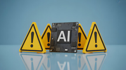 AI warning signs around a central processing unit, symbolizing technological risks and dangers
