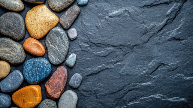 Colorful stones arranged on a dark slate surface, showcasing varied hues and textures, creating an artistic, natural scene ideal for themes of geology, decor, and texture