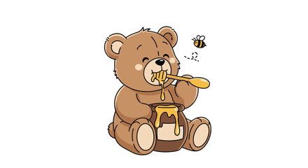 Naklejka premium Adorable teddy bear enjoying sweet honey from a pot with a bee flying nearby a delightful and whimsical illustration