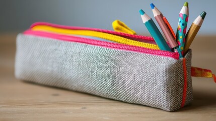 A textured gray pencil case with colorful zippers and colored pencils sticking out of the top on a table