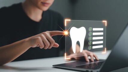 Woman touching a bright glowing dental health checklist for optimal care with a modern laptop on a white desk and soft